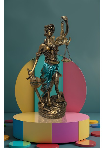 Polyester Antik Gold ve Mavi Themis Adalet Biblosu Dekoratif El İşçiliği Heykel