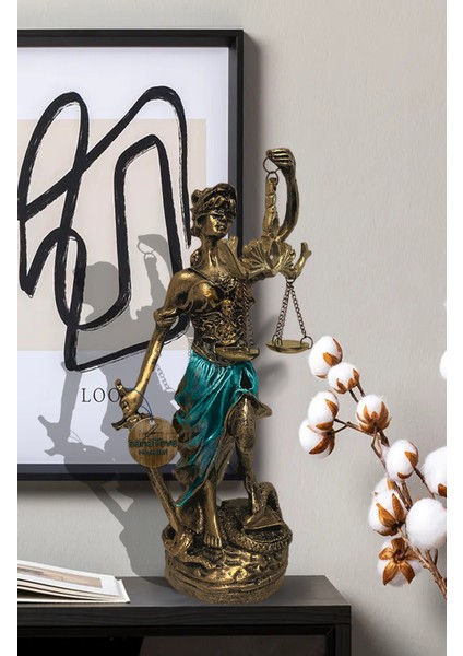 Polyester Antik Gold ve Mavi Themis Adalet Biblosu Dekoratif El İşçiliği Heykel