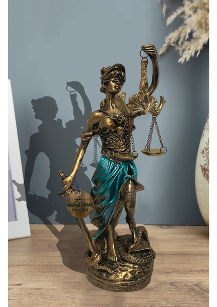 Polyester Antik Gold ve Mavi Themis Adalet Biblosu Dekoratif El İşçiliği Heykel