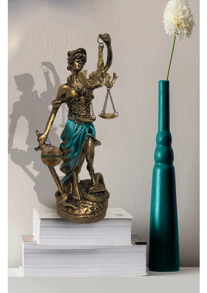 Polyester Antik Gold ve Mavi Themis Adalet Biblosu Dekoratif El İşçiliği Heykel