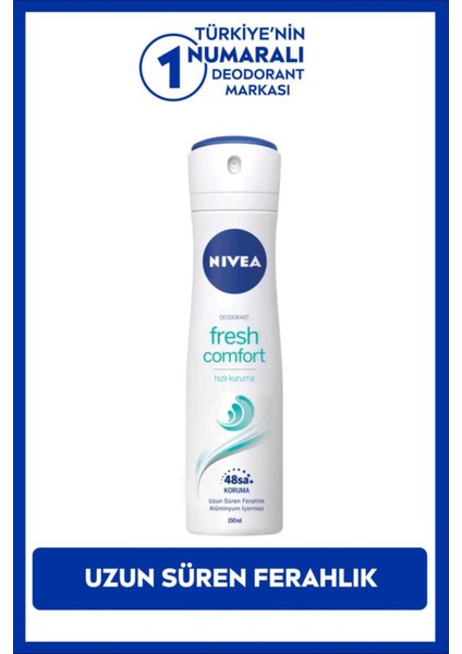 Deodorant Fresh Nivea Fresh Comfort Kadın Sprey Deodorant 150 ml Pudrasız Alüminyum ve Alkol İçermeyen Dermatolojik Onaylı FormülWomen 150 ml