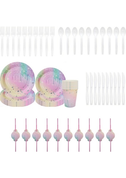 Gradient Doğum Günü Tek Kullanımlık Sofra Takımı Makaron Kağıt Tabak Bardak A (Yurt Dışından)