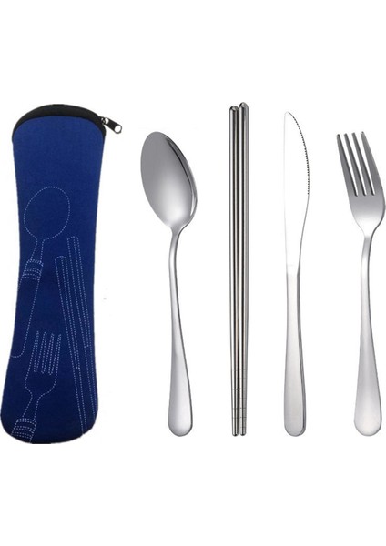 Parça Yemek Takımı Taşınabilir Paslanmaz Çelik Kaşık Çatal Biftek Bıçağı Seti Seyahat Çatal Bıçak Takımı Sofra Takımı Çantalı Koyu Mavi (Yurt Dışından)