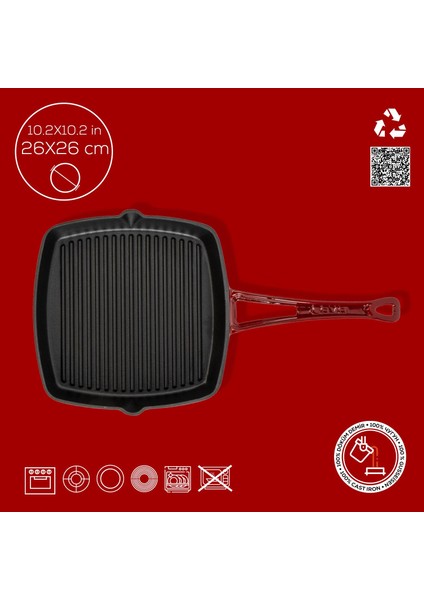 Döküm Kare Izgara Tava Döküm Demir Yekpare Saplı. Ölçü 26X26CM.-BORDO fırsatları