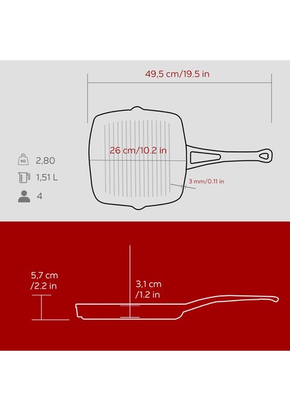 Döküm Kare Izgara Tava Döküm Demir Yekpare Saplı. Ölçü 26X26CM.-BORDO indirimleri