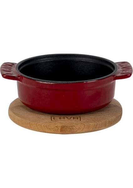 Döküm Yuvarlak Güveç Kabı Döküm Demir Yekpare Çift Kulplu Kayın Servis Ahşabı ÇAP(Ø)11CM.-BORDO