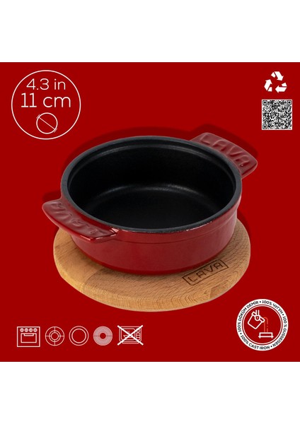 Döküm Yuvarlak Güveç Kabı Döküm Demir Yekpare Çift Kulplu Kayın Servis Ahşabı ÇAP(Ø)11CM.-BORDO fırsatları