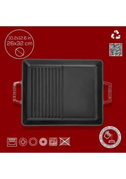 Döküm Dikdörtgen Hibrit Izgara Tavası Döküm Demir Yekpare Çift Kulplu Ölçü 26X32CM.-BORDO fırsatları
