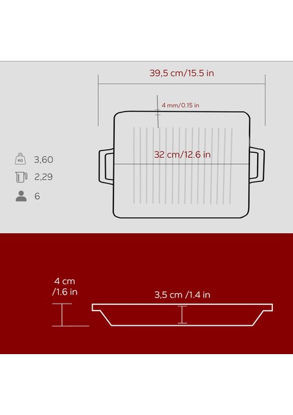 Döküm Dikdörtgen Hibrit Izgara Tavası Döküm Demir Yekpare Çift Kulplu Ölçü 26X32CM.-BORDO indirimleri