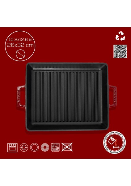 Döküm Dikdörtgen Izgara Tavası Döküm Demir Yekpare Çift Kulplu Ölçü 26X32CM.-BORDO fırsatları