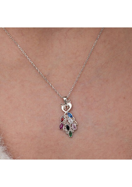 Renkli Taşlı Tavus Kuşu 925 Ayar Gümüş Kadın Kolye