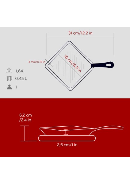 Döküm Mini Kare Izgara Tava Kayın Ahşap Altlıklı Döküm Demir Yekpare Saplı Ölçü 16X16CM.-BORDO indirimleri