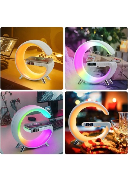 Bluetooth Hoparlör 15w Kablosuz Hızlı Şarj Alarm Çalar Saat Gece Lambası Ambians Led Işık