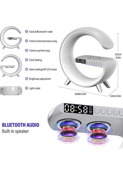 Bluetooth Hoparlör 15w Kablosuz Hızlı Şarj Alarm Çalar Saat Gece Lambası Ambians Led Işık