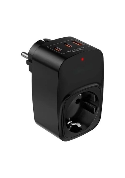 Tekli Yüksek Voltaj Korumalı Duvar Prizi 2x Type-C 1x USB Çıkışlı Priz Grup Priz Çoğaltıcı Siyah