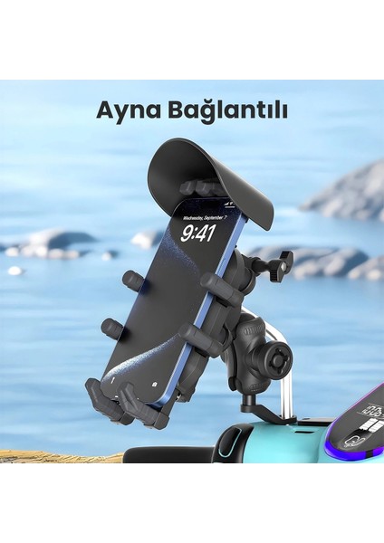 Ayna Bağlantılı Güneş ve Yağmur Korumalı 360° Derece Ayarlanabilir Motosiklet Telefon Tutucu