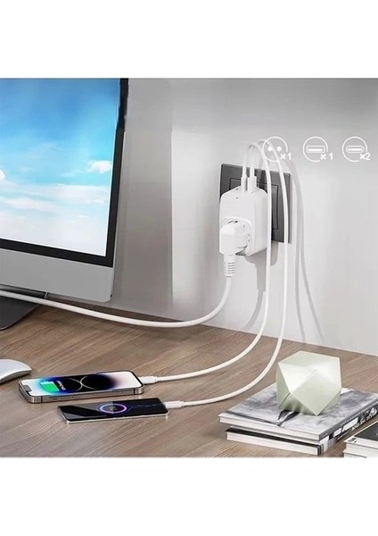 Tekli Yüksek Voltaj Korumalı Duvar Prizi 2x Type-C 1x USB Çıkışlı Priz Grup Priz Çoğaltıcı Beyaz fiyatları