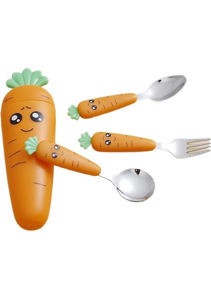 3-Piece Creative Cartoon Carrot Tableware Set Stainless Steel Children's Fruit Food Supplement Fork Spoon Short Handle Tableware (Yurt Dışından)