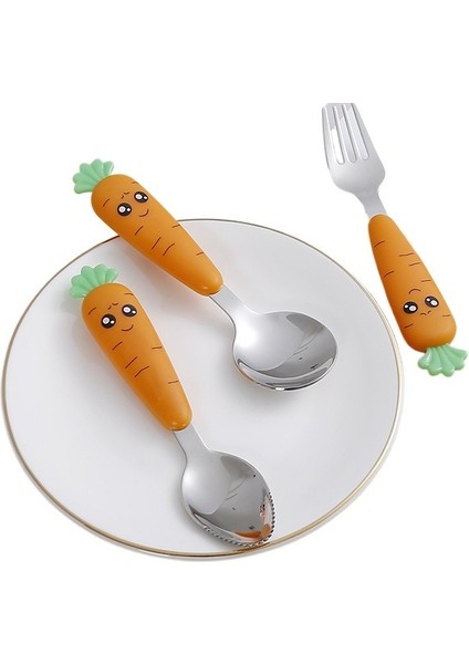 3-Piece Creative Cartoon Carrot Tableware Set Stainless Steel Children's Fruit Food Supplement Fork Spoon Short Handle Tableware (Yurt Dışından) modelleri