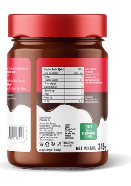 Kakaolu Fındık Ezmesi 315 g Türkiye Menşeli Palm Yağı ve İlave Şeker İçermeyen Doğal