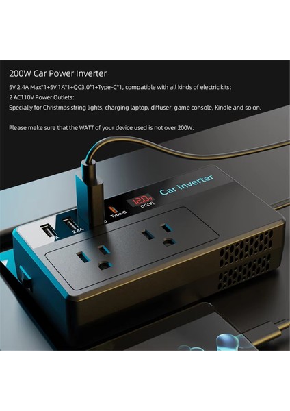 200W Araba Invertörü Dc 12V Ila 110V Ac Güç Invertörleri 3 USB 1 Type-C Port Adaptörü Araba Fişi Dönüştürücü Ekranlı Abd Fişi (Yurt Dışından) modelleri
