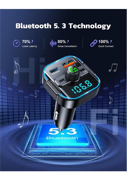 Bluetooth 5.3 Araç Adaptörü Pd+Qc3.0, Fm Vericisi ve Hızlı Araç Şarj Cihazı, Kablosuz Araç Radyo Adaptörü Eller Serbest Kiti (Yurt Dışından) fırsatları