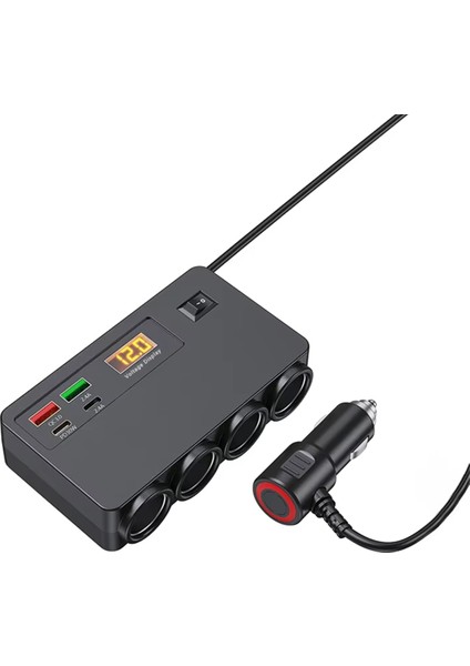 120W Çok Fonksiyonlu Araç Şarj Cihazı Usb/type-C Hızlı Şarj Dört Dönüşüm Arayüzü, Dijital Voltaj Göstergesi (Yurt Dışından)