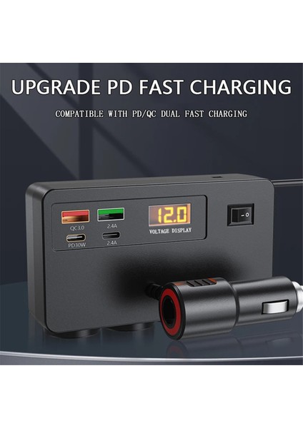120W Çok Fonksiyonlu Araç Şarj Cihazı Usb/type-C Hızlı Şarj Dört Dönüşüm Arayüzü, Dijital Voltaj Göstergesi (Yurt Dışından) modelleri