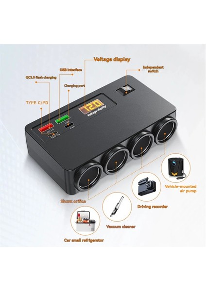 120W Çok Fonksiyonlu Araç Şarj Cihazı Usb/type-C Hızlı Şarj Dört Dönüşüm Arayüzü, Dijital Voltaj Göstergesi (Yurt Dışından) indirimleri