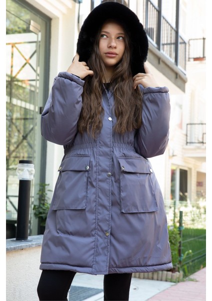 Antrasit Kapaklı Cepli Içi Kürklü Çıkarılabilir Kapüşonlu Kız Çocuk Şişme Mont 21523 modelleri