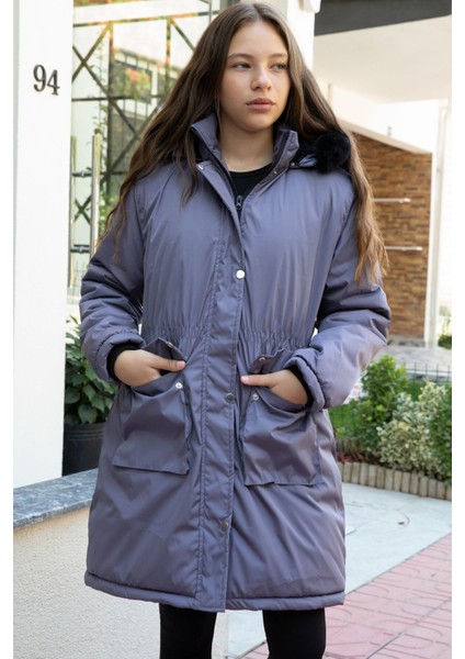 Antrasit Kapaklı Cepli Içi Kürklü Çıkarılabilir Kapüşonlu Kız Çocuk Şişme Mont 21523 fırsatları