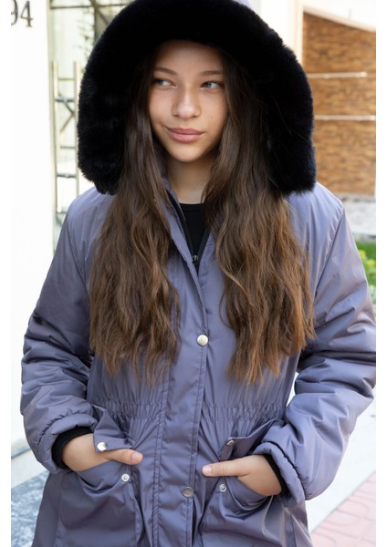 Antrasit Kapaklı Cepli Içi Kürklü Çıkarılabilir Kapüşonlu Kız Çocuk Şişme Mont 21523 indirimleri