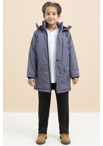 Füme Içi Kürklü Çıtçıtlı Cepli Uzun Kesim Erkek Çocuk Kapüşonlu Şişme Mont 21449