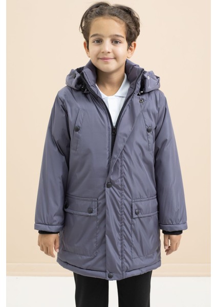 Füme Içi Kürklü Çıtçıtlı Cepli Uzun Kesim Erkek Çocuk Kapüşonlu Şişme Mont 21449 modelleri