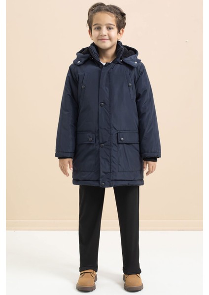 Lacivert Içi Kürklü Çıtçıtlı Cepli Uzun Kesim Erkek Çocuk Kapüşonlu Şişme Mont 21446