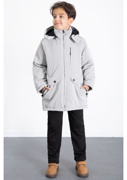 Gri Fermuarlı Göğüs Cepli Içi Kürklü Erkek Çocuk Kapüşonlu Mont 21355