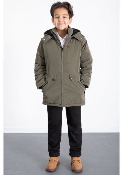 Haki Fermuarlı Göğüs Cepli Içi Kürklü Erkek Çocuk Kapüşonlu Mont 21370