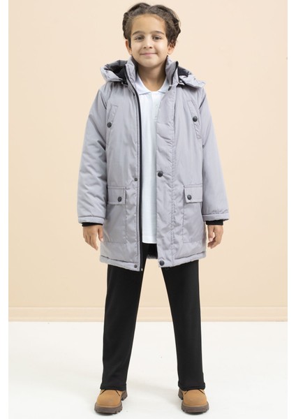 Gri Içi Kürklü Çıtçıtlı Cepli Uzun Kesim Erkek Çocuk Kapüşonlu Şişme Mont 21448