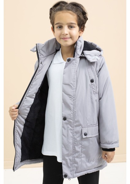 Gri Içi Kürklü Çıtçıtlı Cepli Uzun Kesim Erkek Çocuk Kapüşonlu Şişme Mont 21448 fiyatları