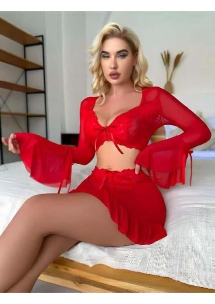 Arias Closet Kırmızı Transparan Fantezi Etekli Gecelik Takım