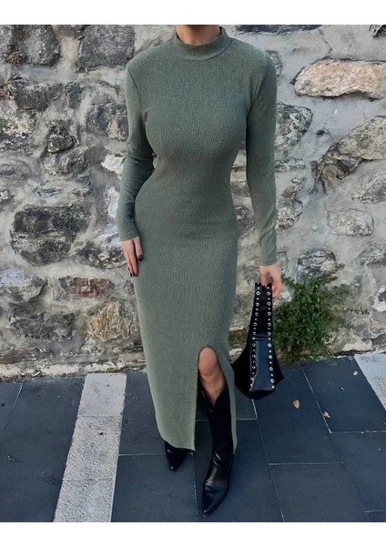 Yırtmaçlı Kalın Bürümcük Uzun Elbise Yeşil indirimleri