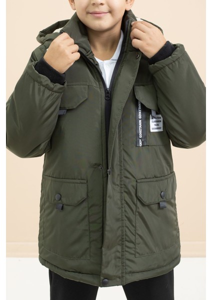 Haki Yazı Detaylı Göğüs Cepli Içi Kürklü Erkek Çocuk Kapüşonlu Mont 21476 indirimleri