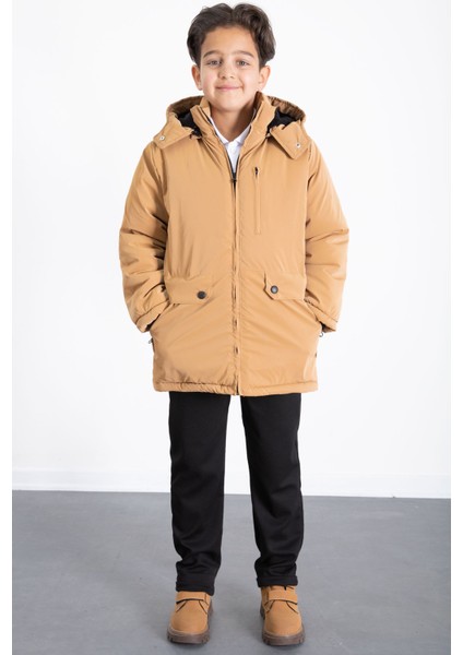 Hardal Fermuarlı Göğüs Cepli Içi Kürklü Erkek Çocuk Kapüşonlu Mont 21357