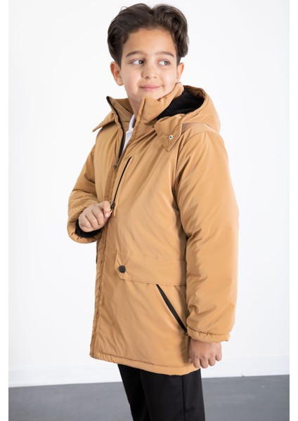 Hardal Fermuarlı Göğüs Cepli Içi Kürklü Erkek Çocuk Kapüşonlu Mont 21357 modelleri