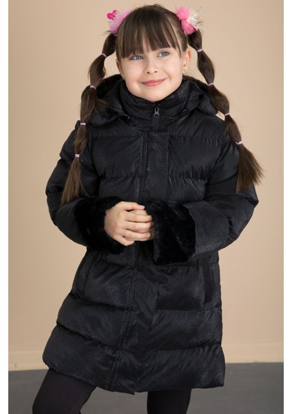 Siyah Kolu Kürk Detaylı Içi Yünlü Kız Çocuk Kapüşonlu Şişme Mont 21326 fiyatları