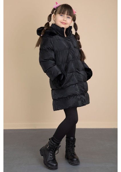 Siyah Kolu Kürk Detaylı Içi Yünlü Kız Çocuk Kapüşonlu Şişme Mont 21326 fırsatları