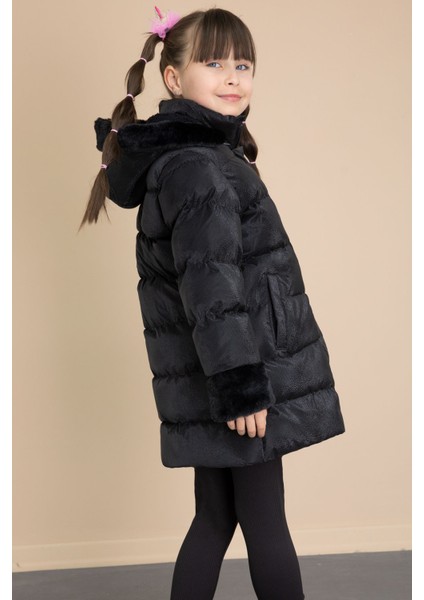 Siyah Kolu Kürk Detaylı Içi Yünlü Kız Çocuk Kapüşonlu Şişme Mont 21326 indirimleri