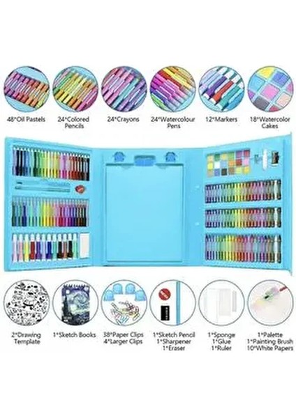 208 Parça Çocuk Boyama Seti Kırtasiye Hediye Kutusu Fırça Seti Kuru Kalem Pastel Boya