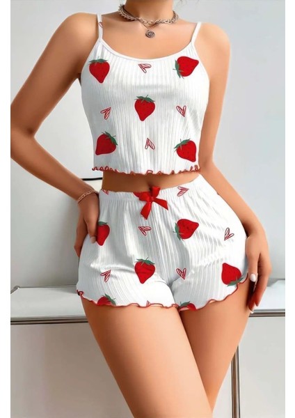 Arias Closet Penye Kumaş Çilek Desen Beyaz Şortlu Takım modelleri