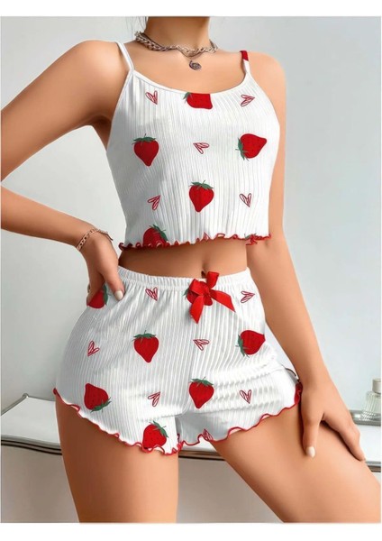 Arias Closet Penye Kumaş Çilek Desen Beyaz Şortlu Takım fırsatları